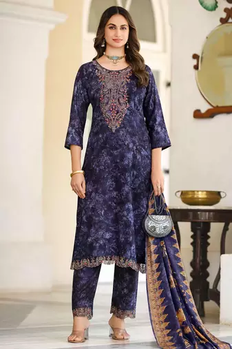 Stylee lifestyle navy blue pashmina embroidered dress material