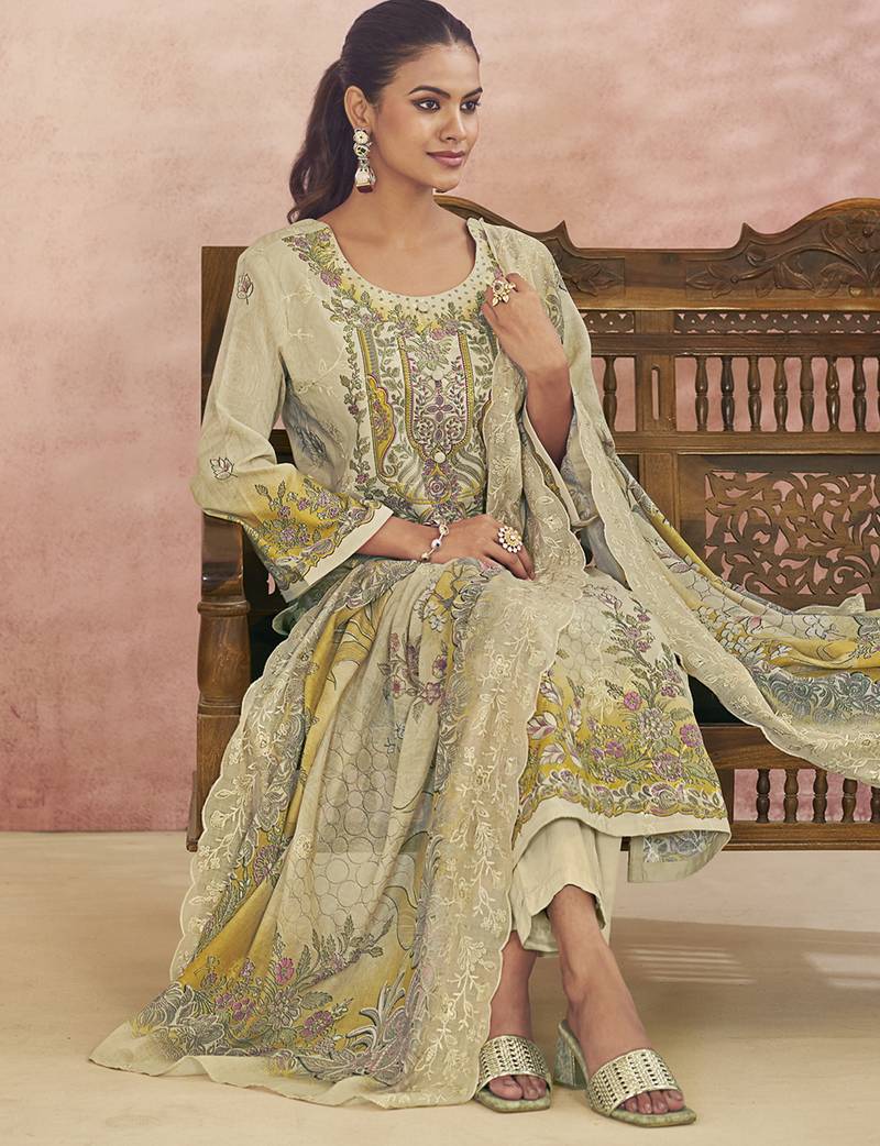 Stylee lifestyle cream lawn cotton digital printed dress material