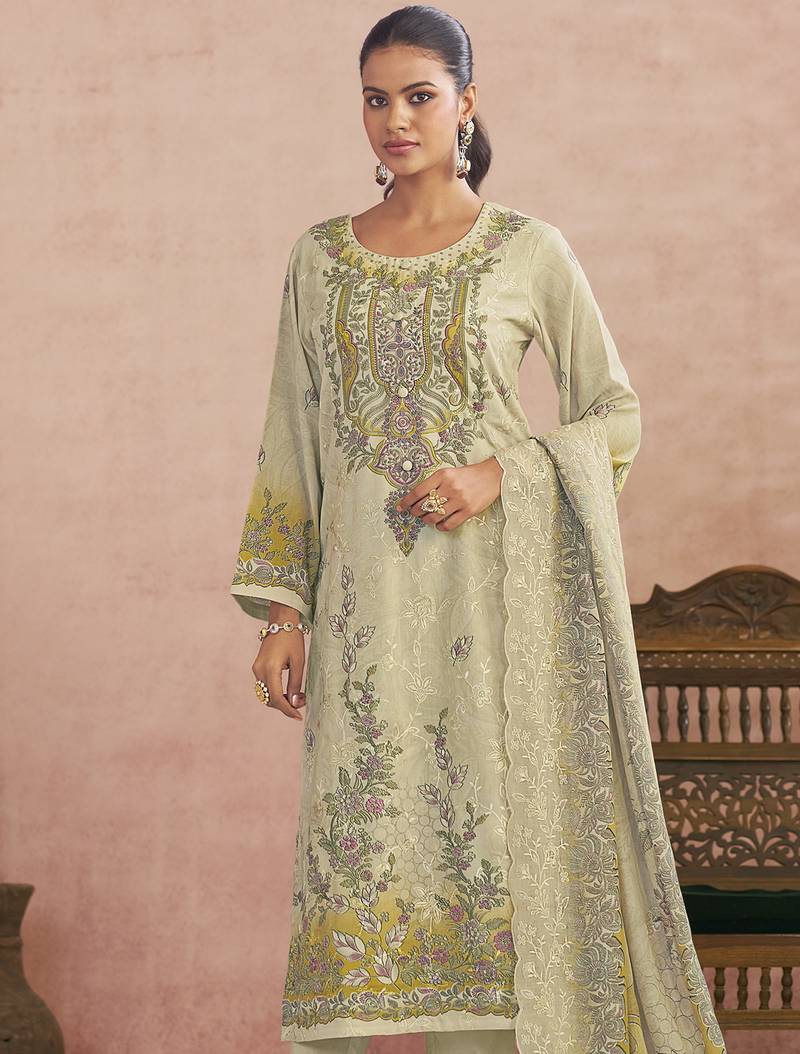 Stylee lifestyle cream lawn cotton digital printed dress material