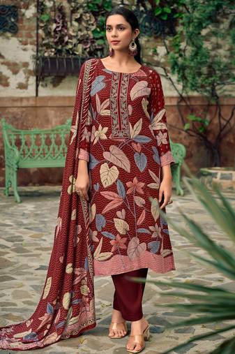 Stylee lifestyle maroon pashmina digital printed dress material