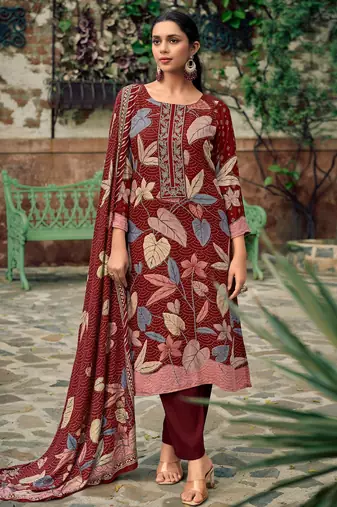 Stylee lifestyle maroon pashmina digital printed dress material