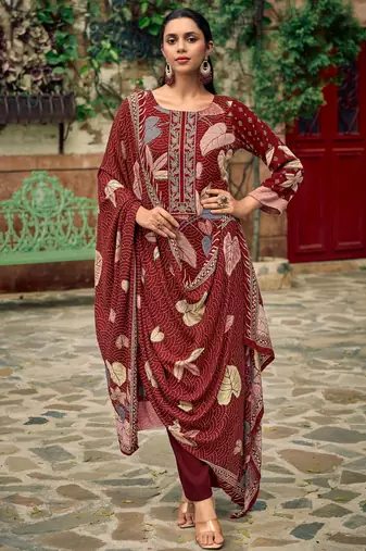 maroon pashmina digital printed dress material