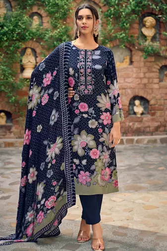 Stylee lifestyle navy blue pashmina digital printed dress material