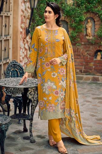 Stylee lifestyle mustard pashmina digital printed dress material