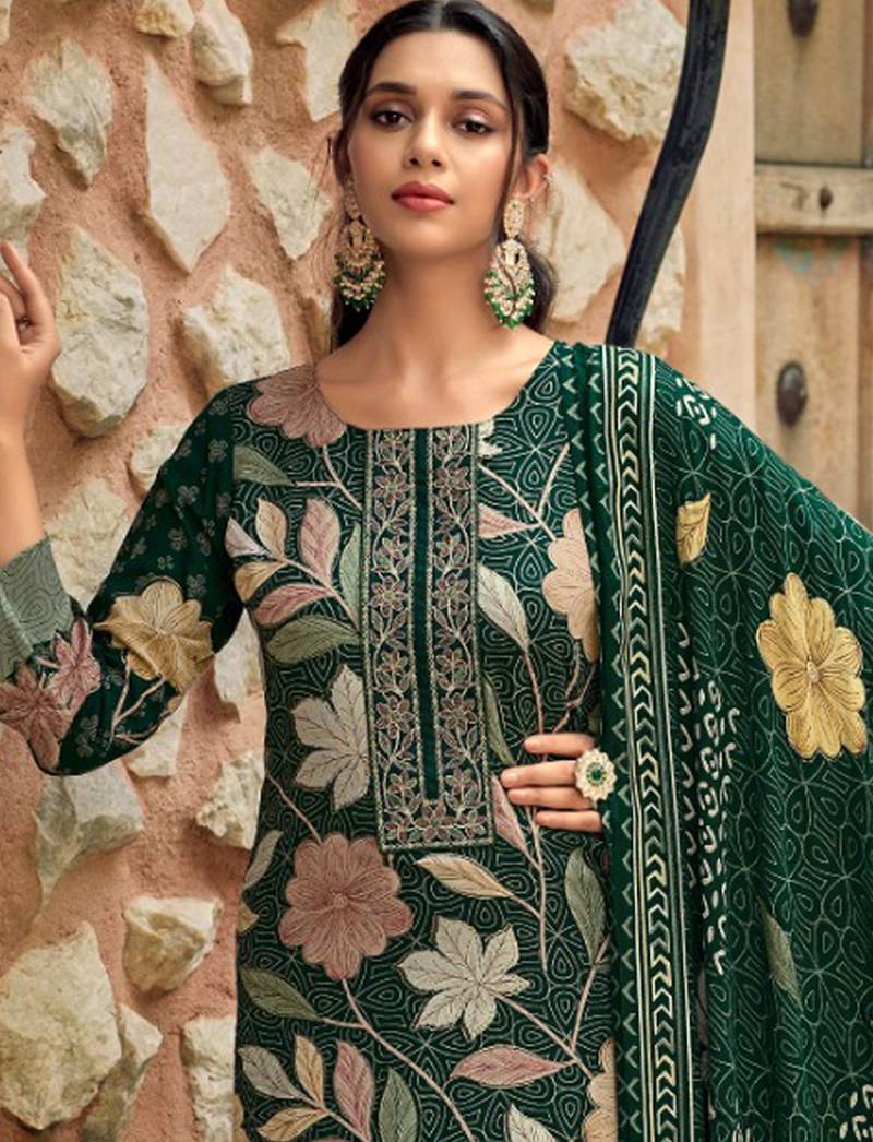 Stylee lifestyle green pashmina digital printed dress material