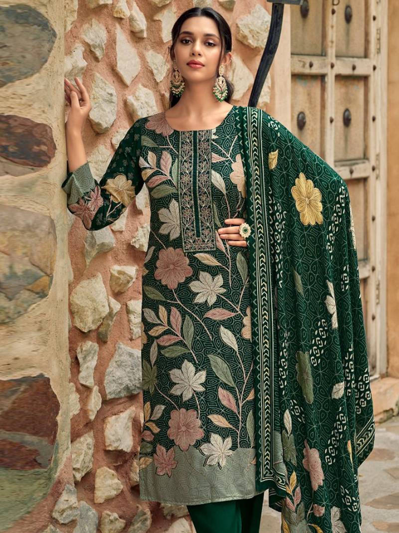 Stylee lifestyle green pashmina digital printed dress material