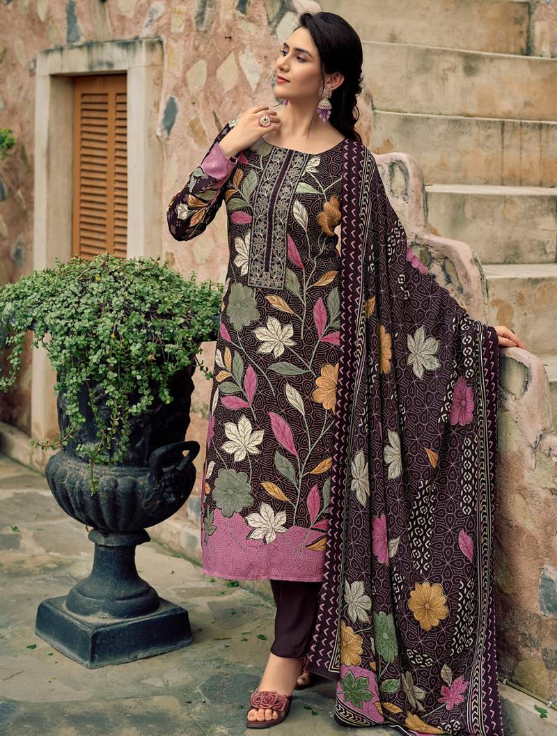 Stylee lifestyle brown pashmina digital printed dress material
