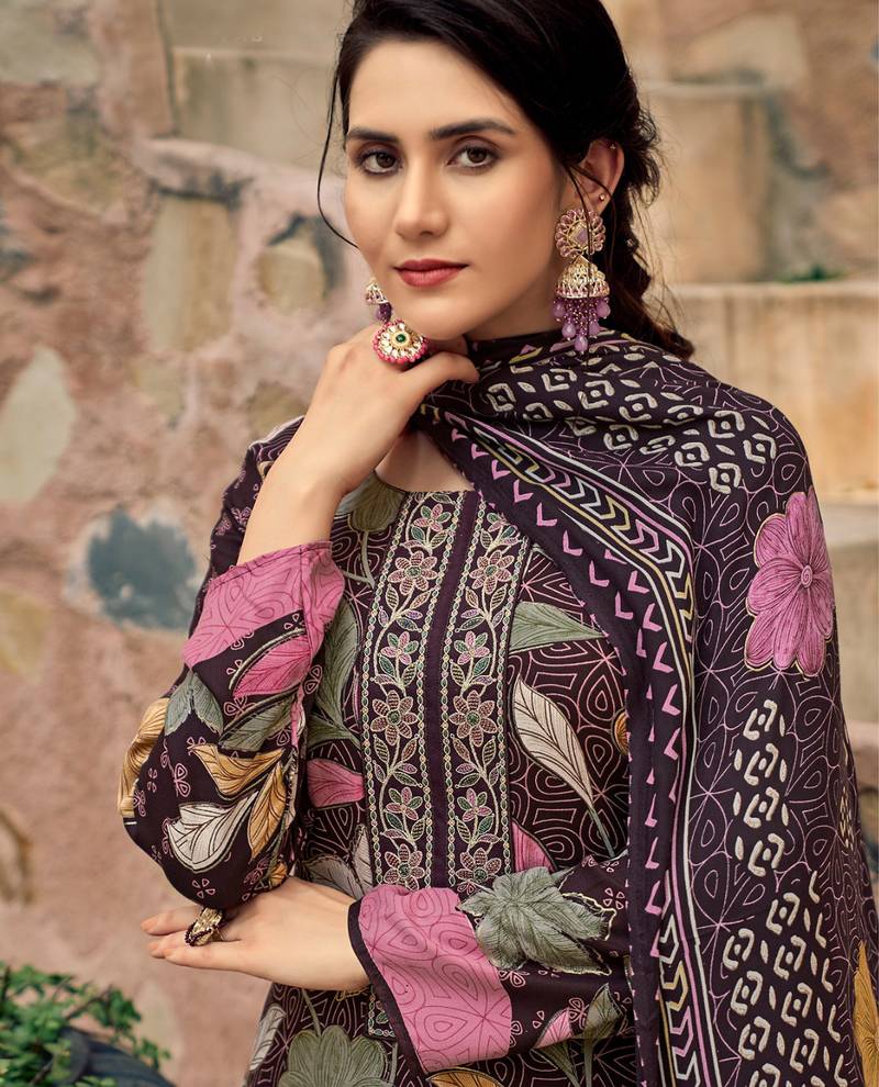 Stylee lifestyle brown pashmina digital printed dress material