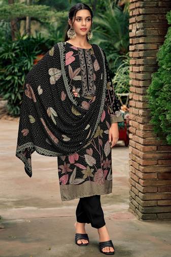 Stylee lifestyle black pashmina digital printed dress material