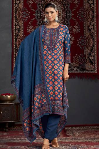 royal blue pashmina digital printed dress material
