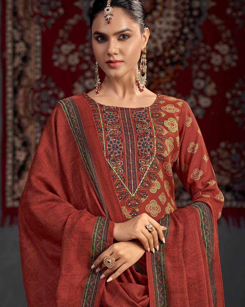 Stylee lifestyle maroon pashmina digital printed dress material