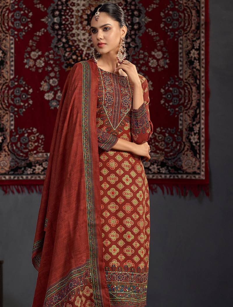 Stylee lifestyle maroon pashmina digital printed dress material