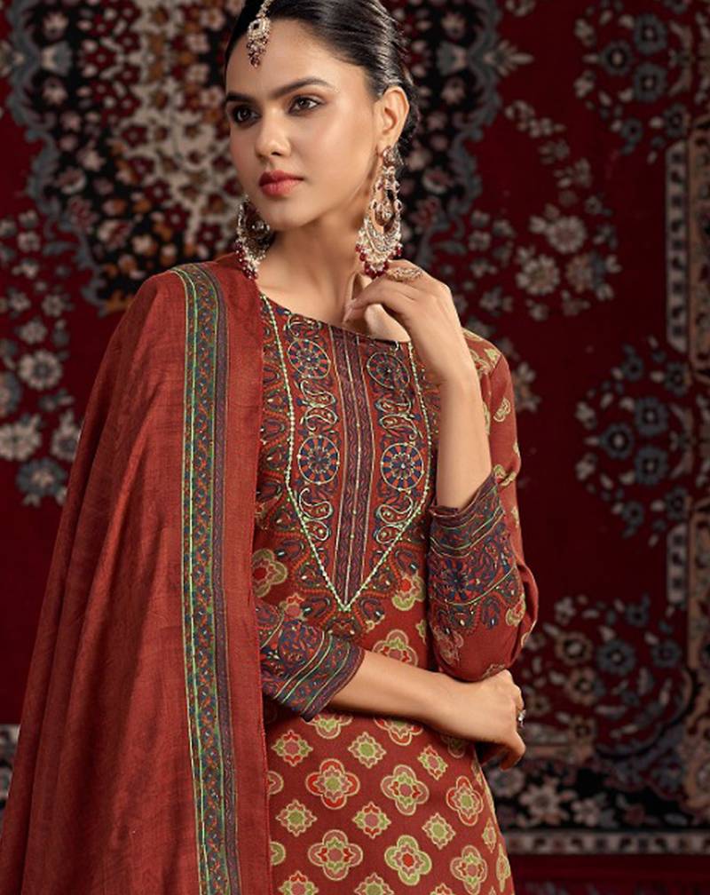 Stylee lifestyle maroon pashmina digital printed dress material