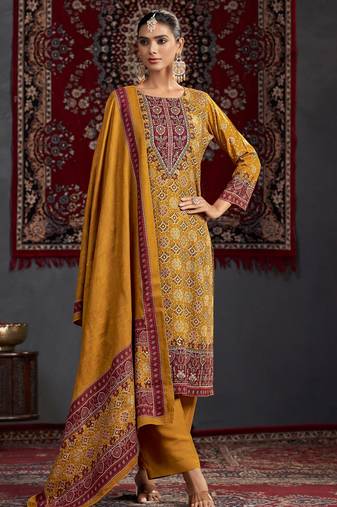 Stylee lifestyle mustard pashmina digital printed dress material