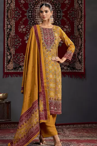 Stylee lifestyle mustard pashmina digital printed dress material