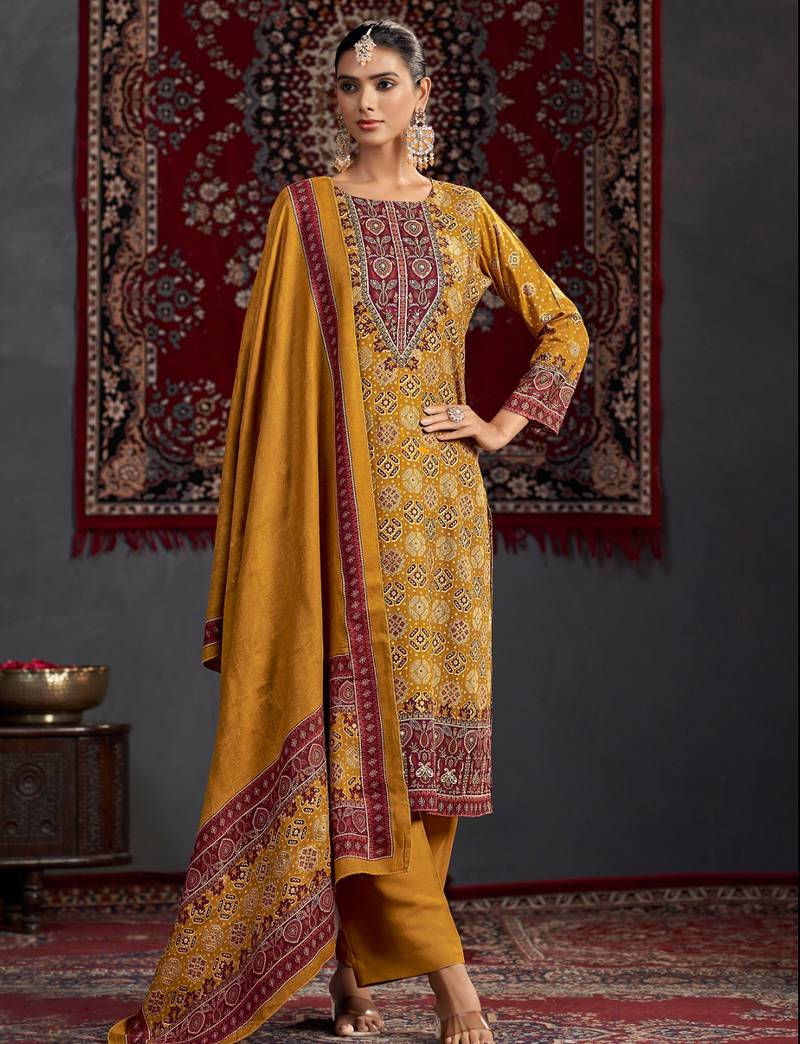 Stylee lifestyle mustard pashmina digital printed dress material