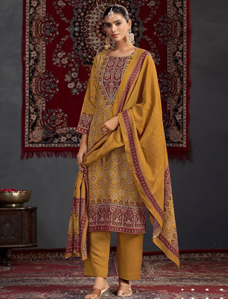 Stylee lifestyle mustard pashmina digital printed dress material