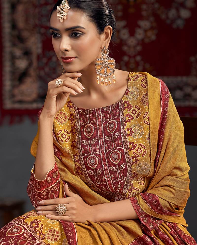 Stylee lifestyle mustard pashmina digital printed dress material