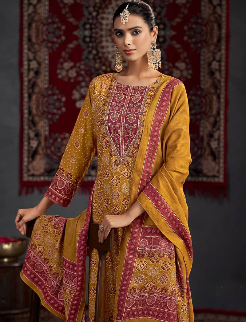 Stylee lifestyle mustard pashmina digital printed dress material