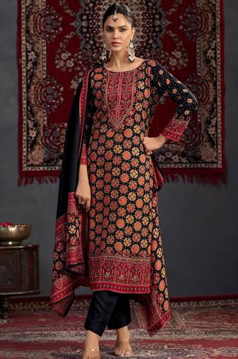 Stylee lifestyle black pashmina digital printed dress material