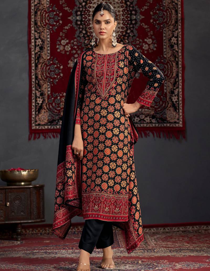 Stylee lifestyle black pashmina digital printed dress material