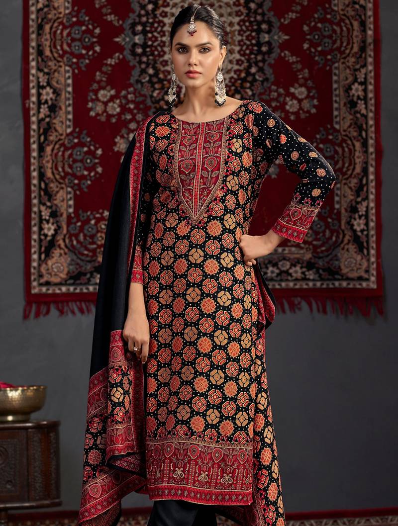 Stylee lifestyle black pashmina digital printed dress material
