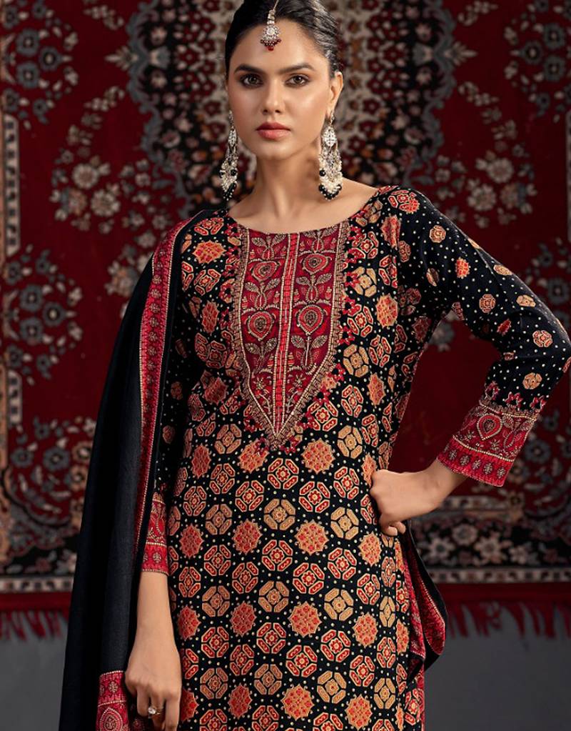 Stylee lifestyle black pashmina digital printed dress material