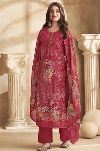 Stylee lifestyle red georgette digital printed dress material