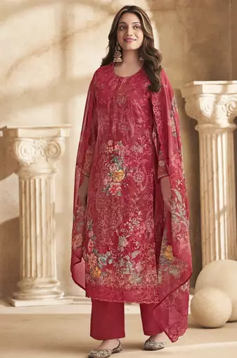 Stylee lifestyle red georgette digital printed dress material