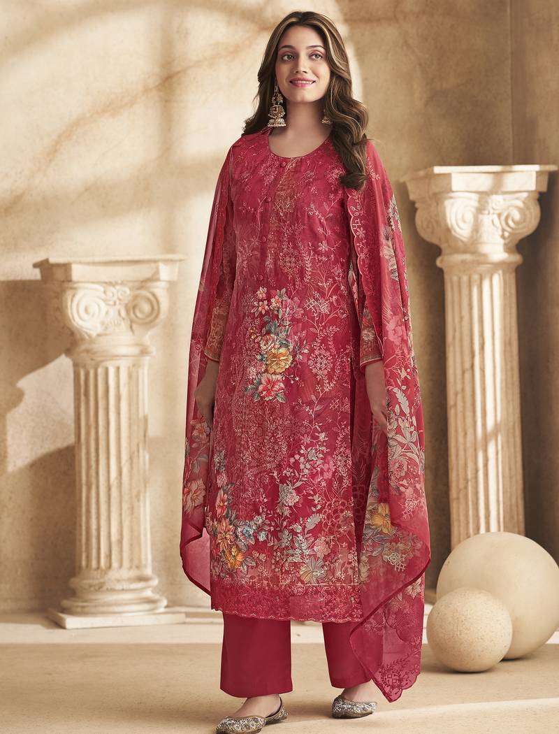 Stylee lifestyle red georgette digital printed dress material