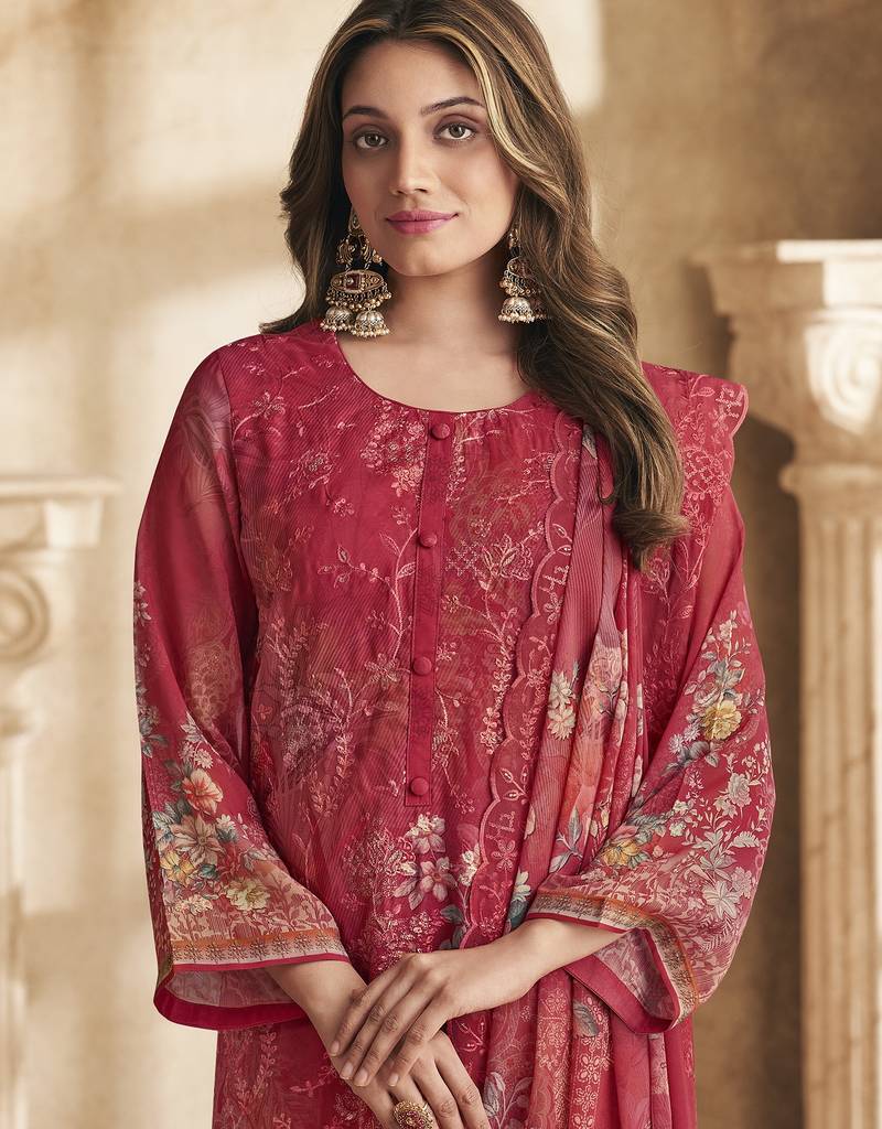 Stylee lifestyle red georgette digital printed dress material