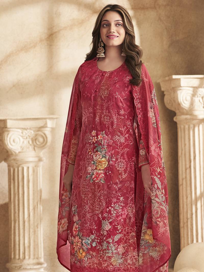 Stylee lifestyle red georgette digital printed dress material