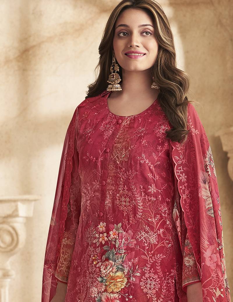 Stylee lifestyle red georgette digital printed dress material