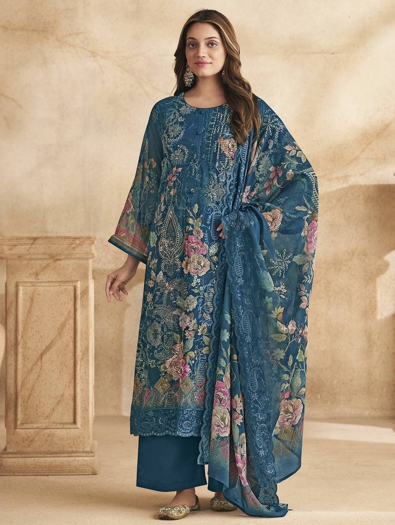 Stylee lifestyle blue georgette digital printed dress material