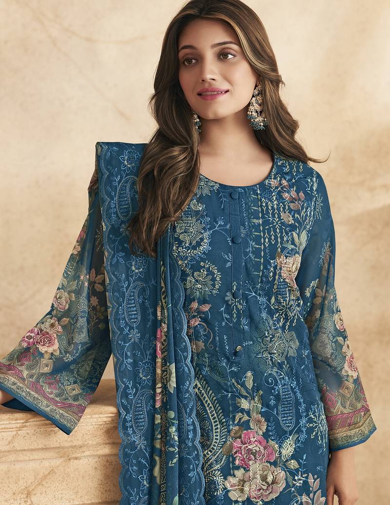Stylee lifestyle blue georgette digital printed dress material