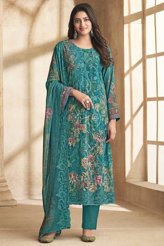 teal georgette digital printed dress material