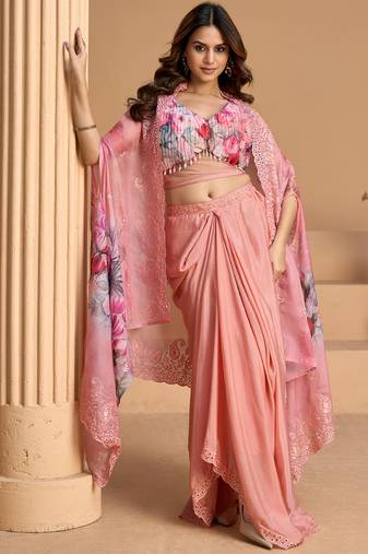 pink floral printed fancy indo western for women wedding wear-Full Stitched free size