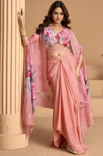 pink floral printed fancy indo western for women wedding wear-Full Stitched free size