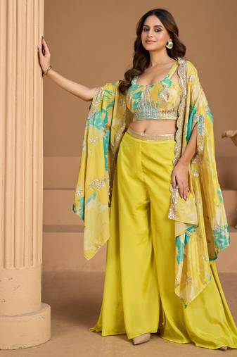 parrot green floral printed fancy indo western for women wedding wear-Full Stitched free size