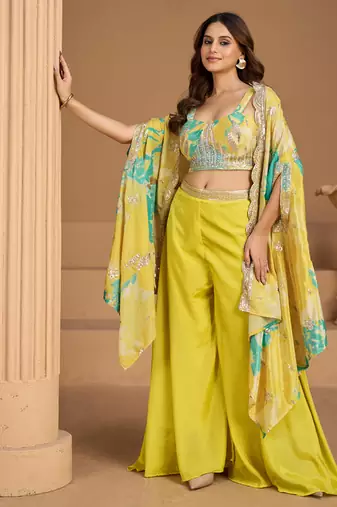 parrot green floral printed fancy indo western for women wedding wear-Full Stitched free size