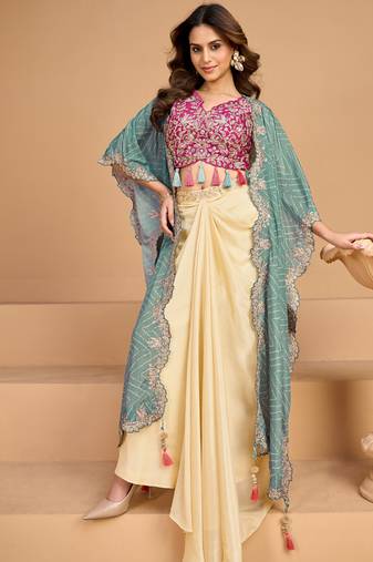 white floral printed fancy indo western for women wedding wear-Full Stitched free size