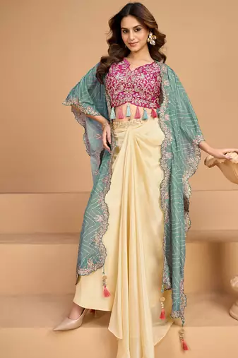 white floral printed fancy indo western for women wedding wear-Full Stitched free size