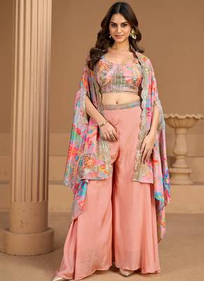 baby pink floral printed fancy indo western for women wedding wear-Full Stitched free size 1