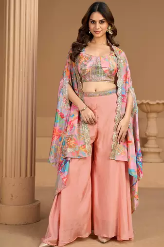 baby pink floral printed fancy indo western for women wedding wear-Full Stitched free size