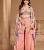 baby pink floral printed fancy indo western for women wedding wear-Full Stitched free size
