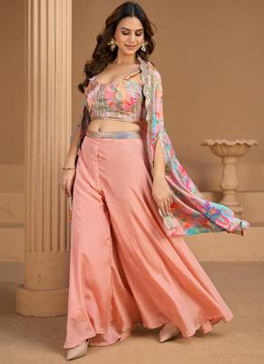 baby pink floral printed fancy indo western for women wedding wear-Full Stitched free size 3