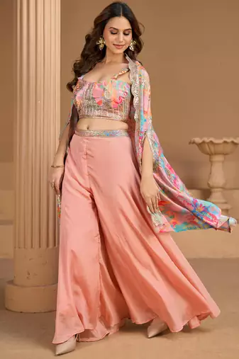 baby pink floral printed fancy indo western for women wedding wear-Full Stitched free size