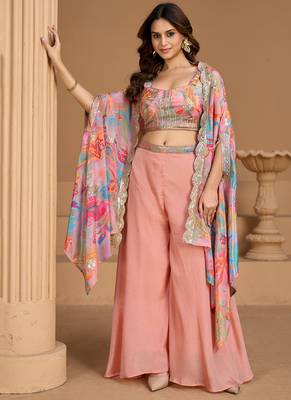 baby pink floral printed fancy indo western for women wedding wear-Full Stitched free size 5