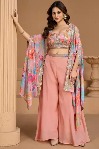 baby pink floral printed fancy indo western for women wedding wear-Full Stitched free size