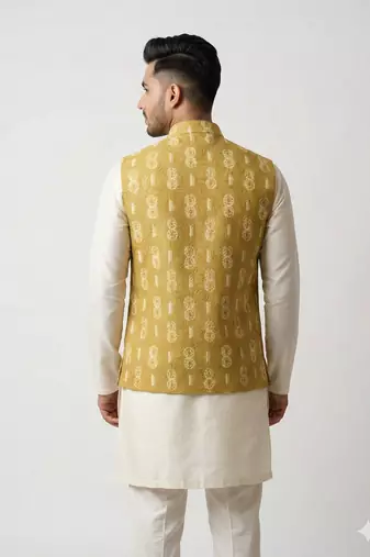 mustard silk blend nehru jacket with sequin work